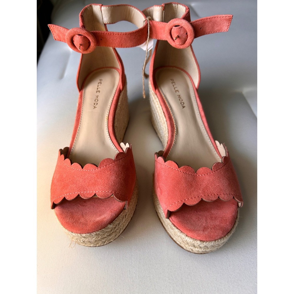 Pelle Moda Coral Pink Suede Scalloped Espadrille Wedge Sandals 7.5M